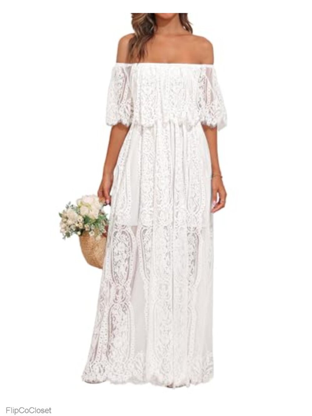 Off Shoulder Lace Maxi Dress Boho Wedding Guest Beach